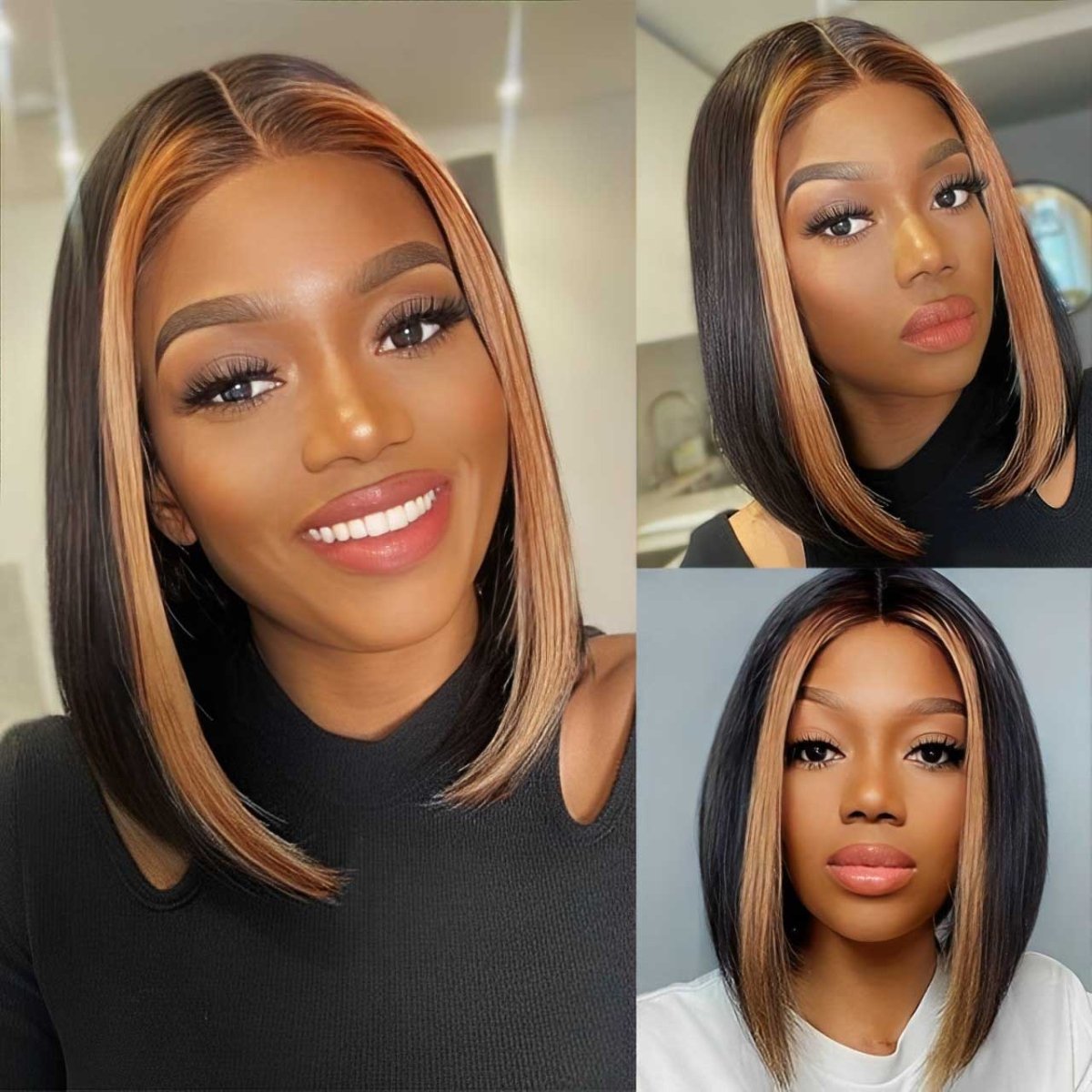 13x1 T Part Lace Front Highlight 1B/27 Straight Human Hair Wigs Straight Bob Wig