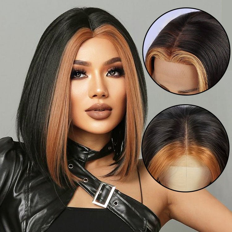 13x1 T Part Lace Front Highlight 1B/27 Straight Human Hair Wigs Straight Bob Wig