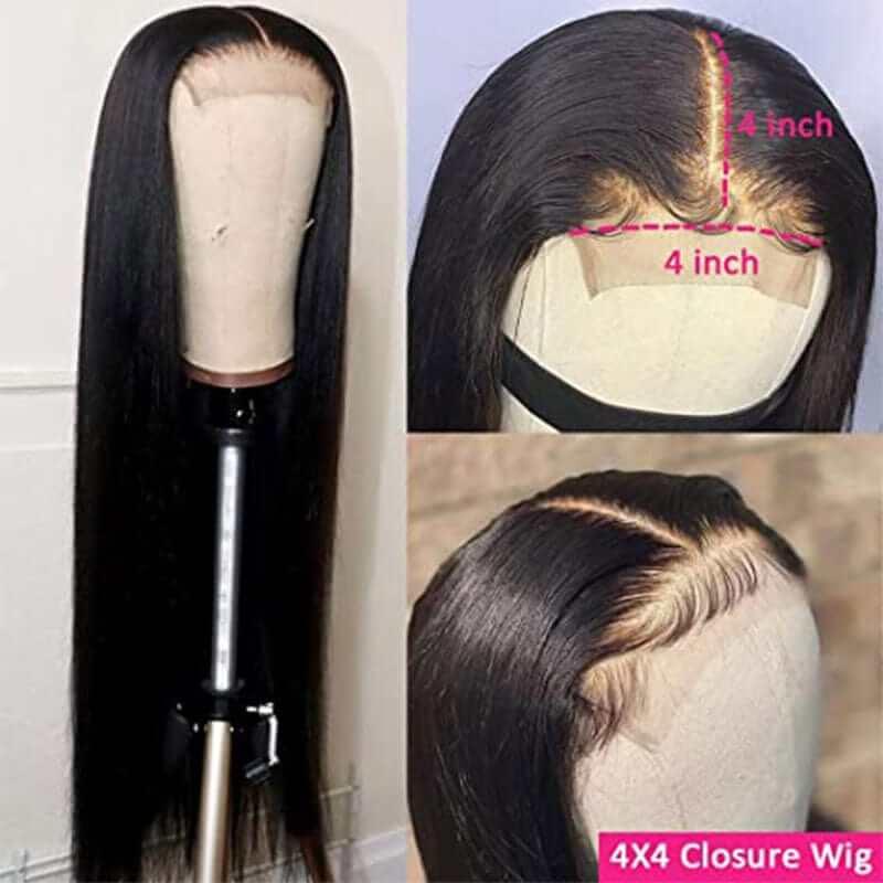 4x4 Lace Closure Wig Glueless Straight Mongolian Human Hair with Baby Hair For Women