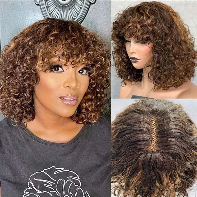 Brazilian Fringe Bob Wig Water Wave Human Hair Wigs with Bangs Mix Color & Natural Balck Color