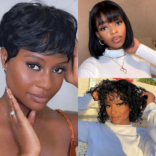 Buy 2 Get 1 Free︱Combo No.5 Razor Cut Wig,Natural Black Water Wave Fringe Bob Wig And Fringe Stright Bob Wig