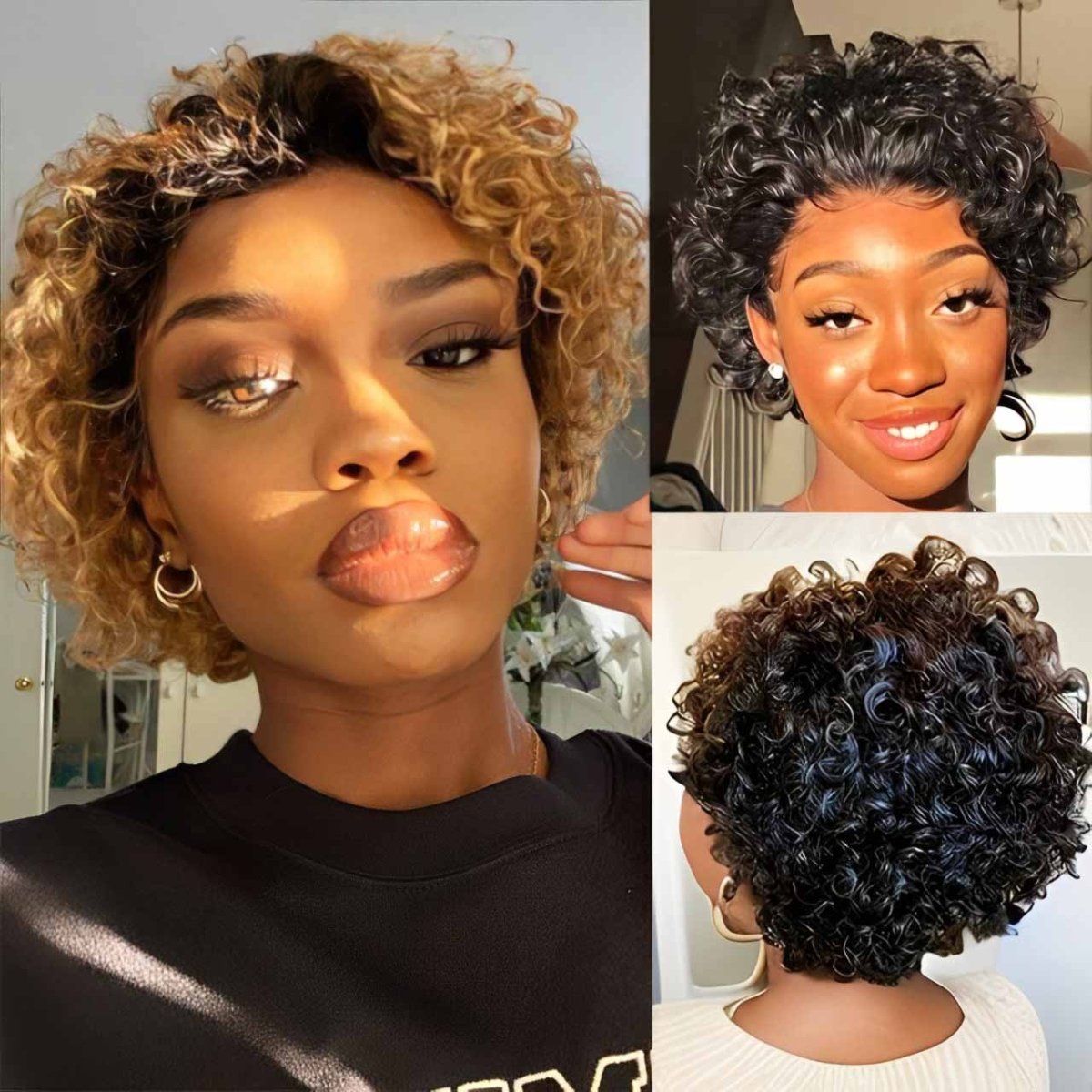 Flash Sale | Short Curly Pixie Cut 13x1 Lace Wig Natural Black & 1B/27 Ombre Glueless Wig