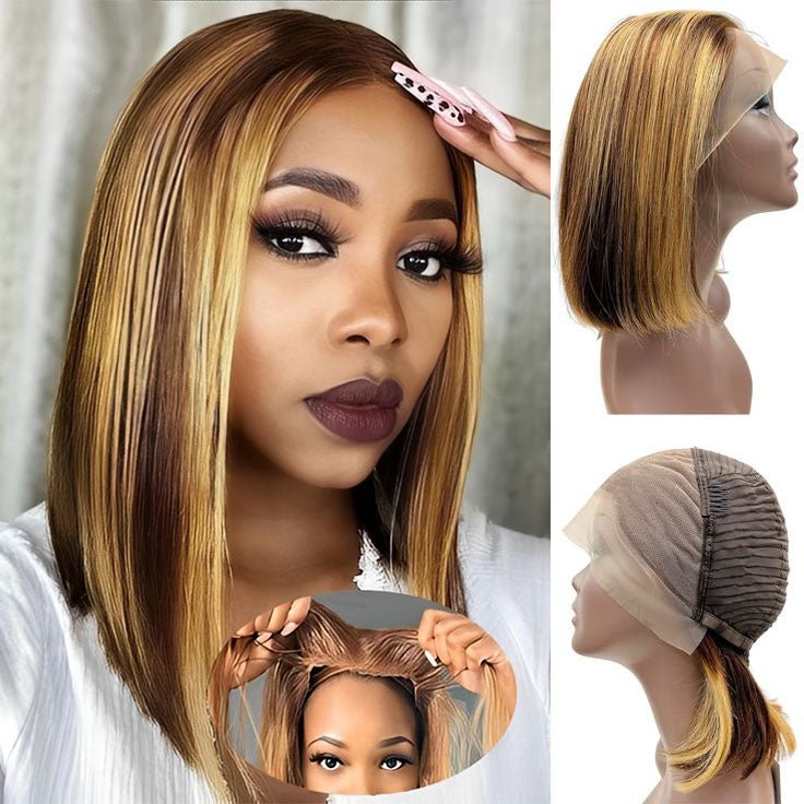 Glueless 13x4 Lace Frontal Honey Blonde Ombre Highlight Bob wig Remy Hair