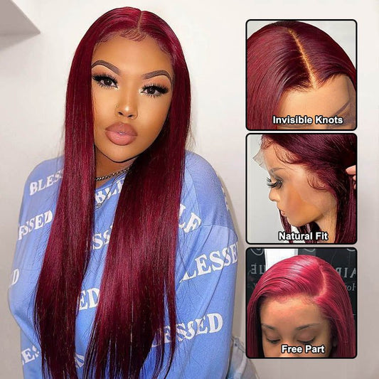 Glueless 13x6 Frontal Lace 99J Burgundy Wine Red Straight Wig Human Hair