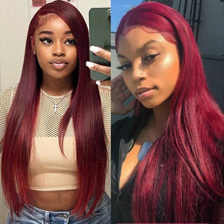 Glueless 13x6 Frontal Lace 99J Burgundy Wine Red Straight Wig Human Hair