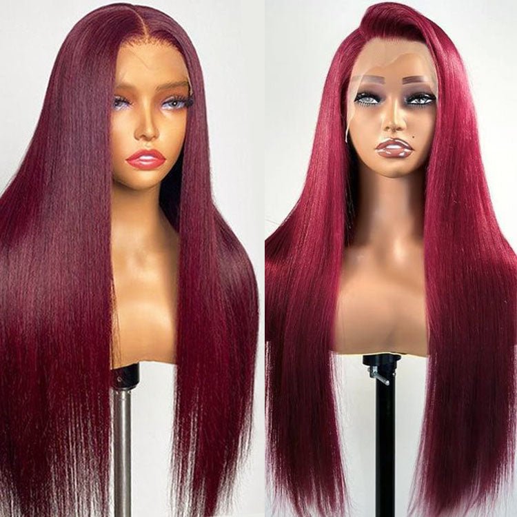 Glueless 13x6 Frontal Lace 99J Burgundy Wine Red Straight Wig Human Hair