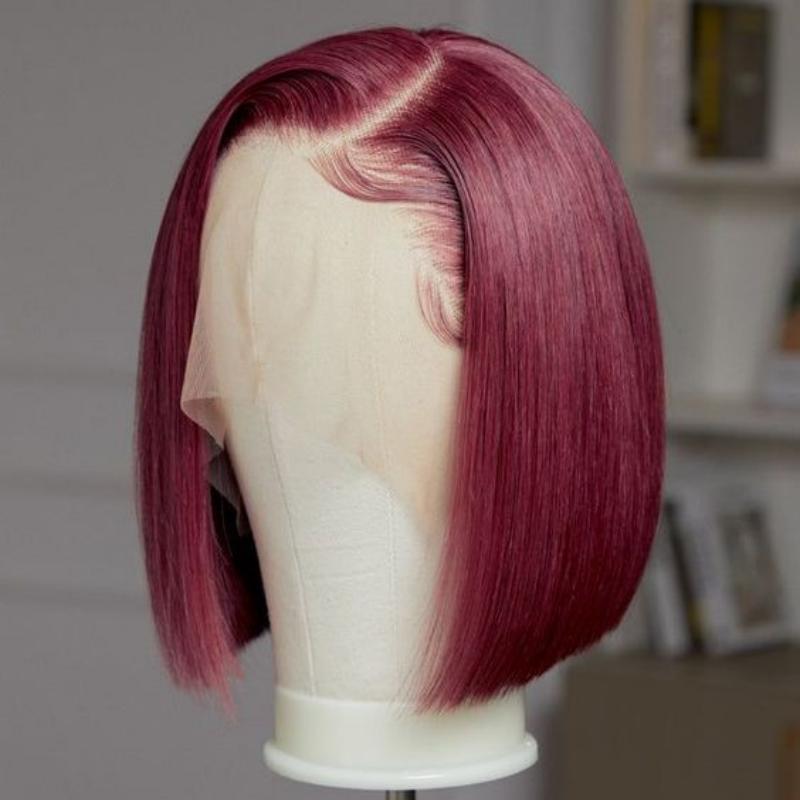 Glueless 99J Burgundy  13x4  Frontal Lace Straight Short Bob Wig