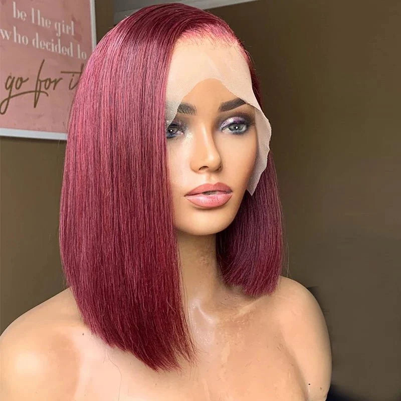 Glueless 99J Burgundy  13x4  Frontal Lace Straight Short Bob Wig