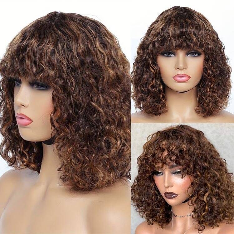 Glueless Highlight #4/30  Water Wave Bob Wig Human hair with Bang