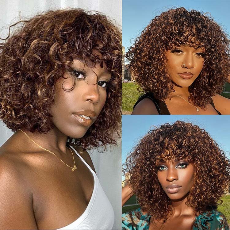 Glueless Highlight #4/30  Water Wave Bob Wig Human hair with Bang