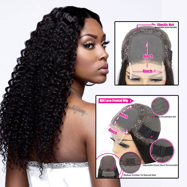 Glueless Mongolian Deep Wave 4x4 Lace Closure Wigs 100% Human Hair Pre Plucked