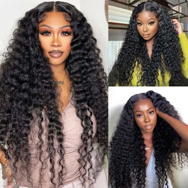 Glueless Mongolian Deep Wave 4x4 Lace Closure Wigs 100% Human Hair Pre Plucked