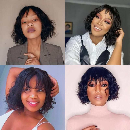 Glueless Short Wavy Bob Wig with Bangs 10 Inch Peruvian Human Hair 12A  Remy Hair Wig