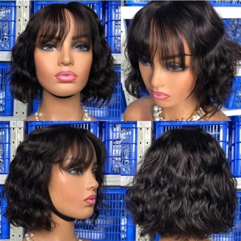 Glueless Short Wavy Bob Wig with Bangs 10 Inch Peruvian Human Hair 12A  Remy Hair Wig