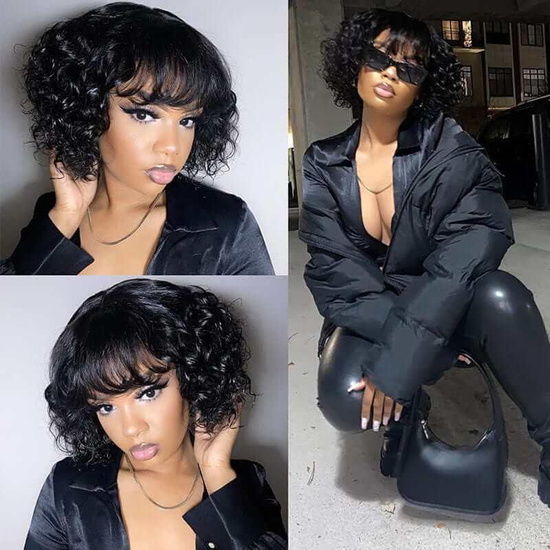 Glueless Short Wavy Bob Wig with Bangs 10 Inch Peruvian Human Hair 12A  Remy Hair Wig