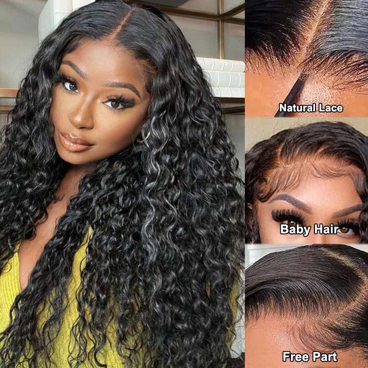 Glueless Super Double Drawn 13x4 Frontal Lace Water Wave Wig 250% density 100% Human Hair