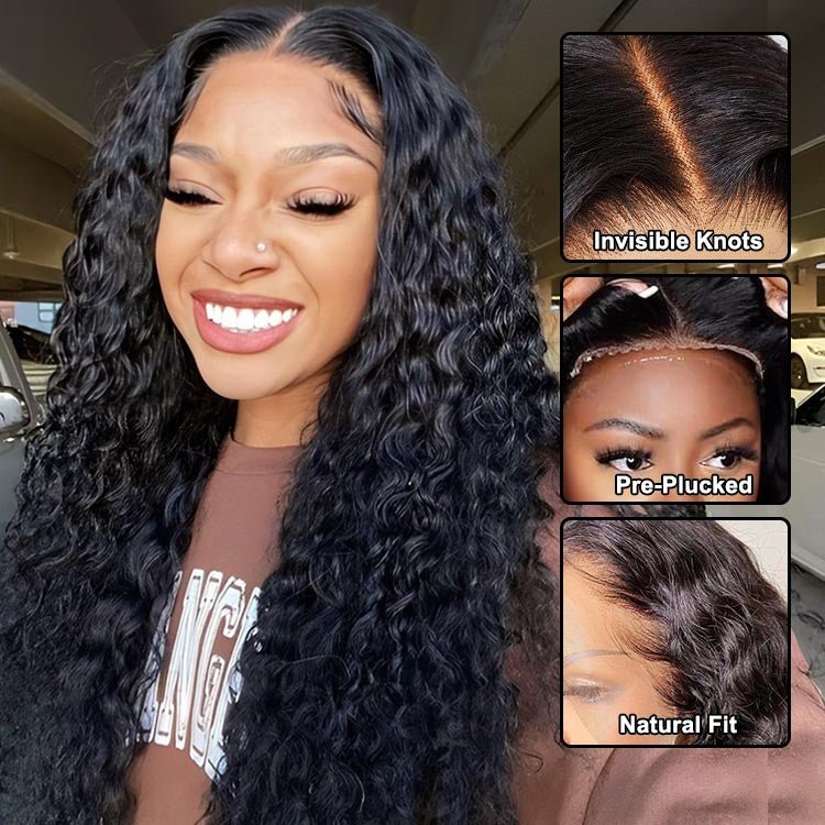 Glueless Super Double Drawn 13x4 Frontal Lace Water Wave Wig 250% density 100% Human Hair