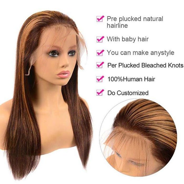 ReadytoGo Glueless 13x4 Straight Highlight Lace Frontal P4/27 Honey Blonde Wigs