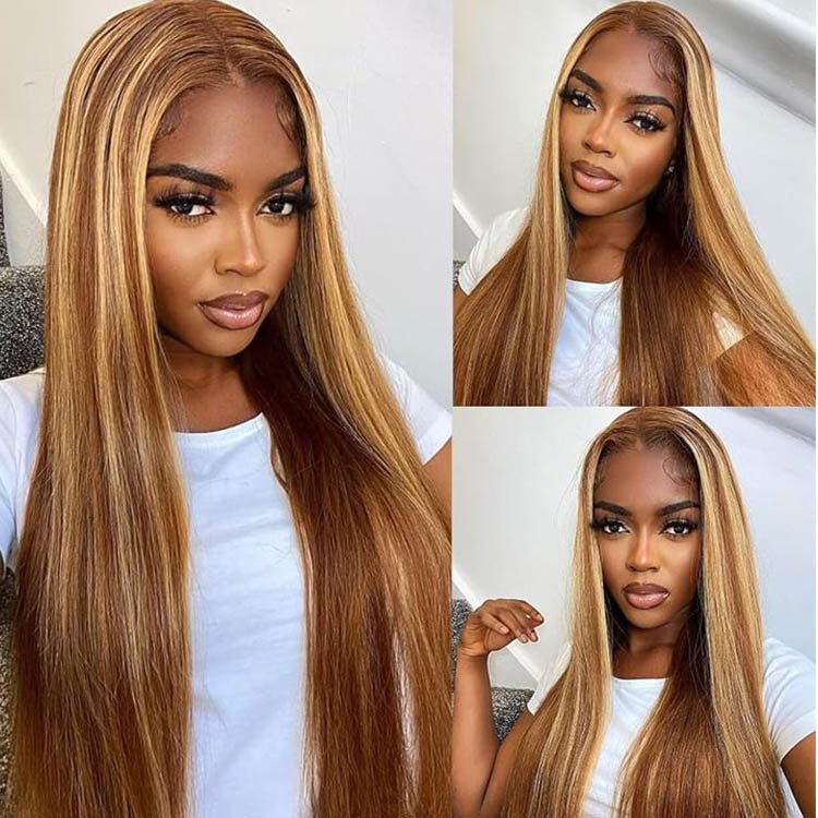 ReadytoGo Glueless 13x4 Straight Highlight Lace Frontal P4/27 Honey Blonde Wigs