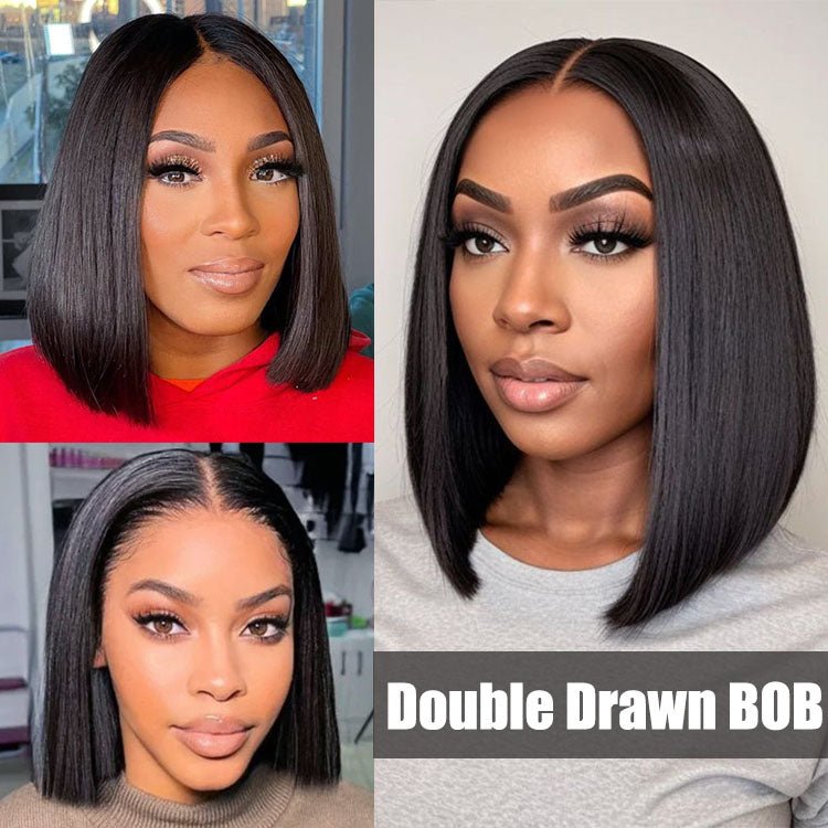 ReadytoGo Glueless Blunt Cut Straight Bob Wig Double Drawn Kim K Wig Deep Part 2x6 Lace Wig