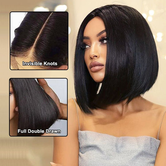 ReadytoGo Glueless Blunt Cut Straight Bob Wig Double Drawn Kim K Wig Deep Part 2x6 Lace Wig