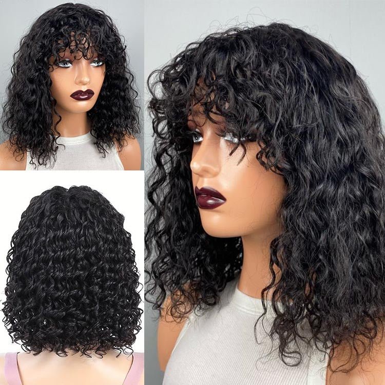 Readytogo  Glueless Water Wave  Short Bob Wig with Bangs Brazilian Virgin Human Hair