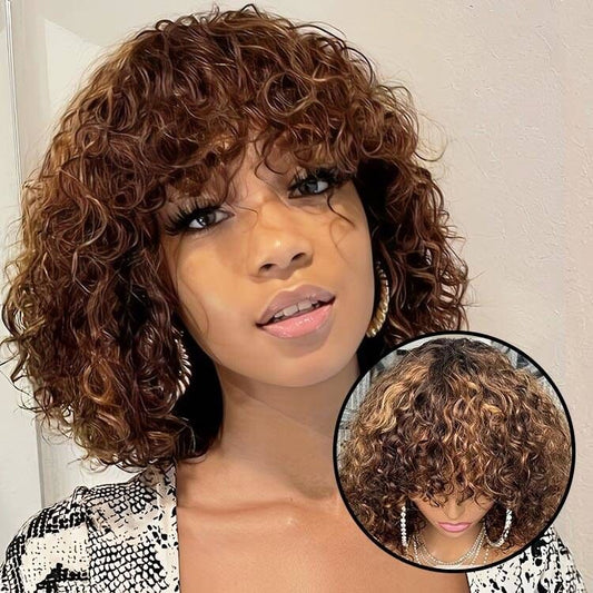 Readytogo Highlight #4/30 Glueless Water Wave Bob Wig Human hair with Bangs