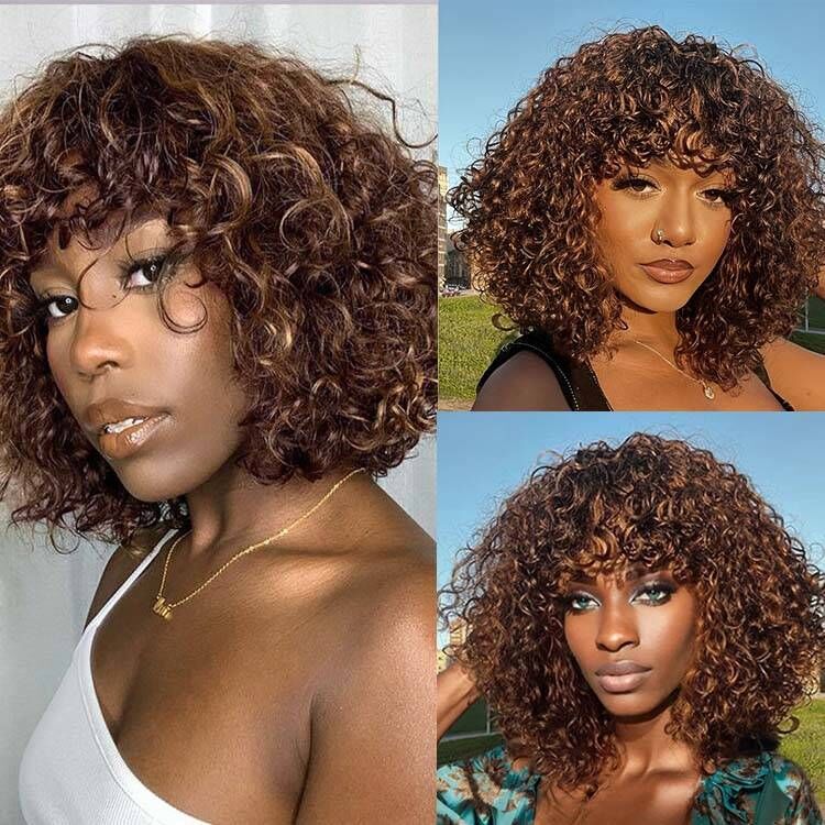 Readytogo Highlight #4/30 Glueless Water Wave Bob Wig Human hair with Bangs