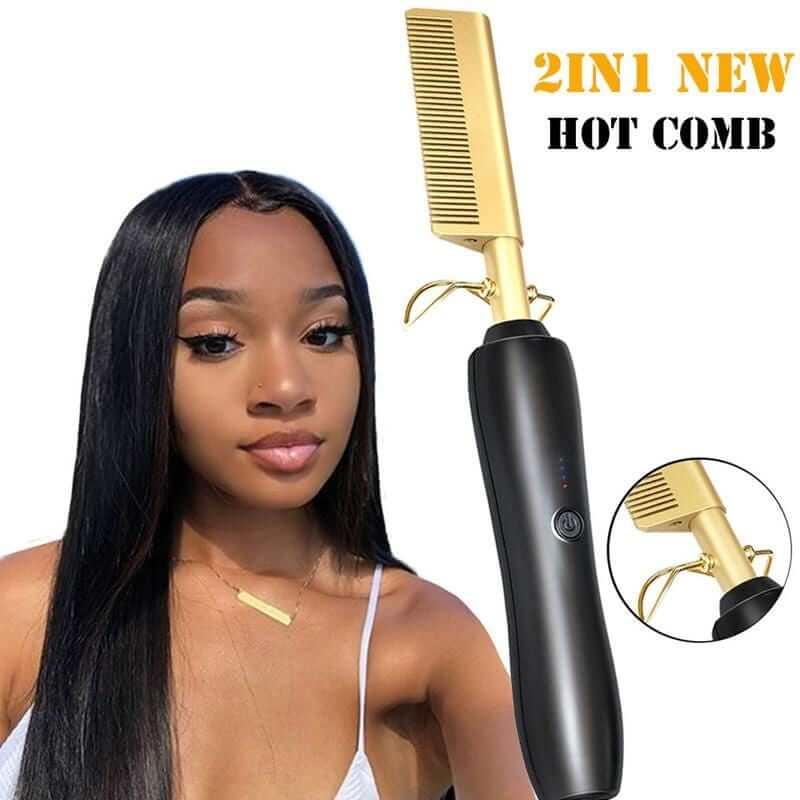 2 in 1 Hot Comb Straightener Electric Hair Curler Flat Iron Titanium Alloy Hair Curler Brush