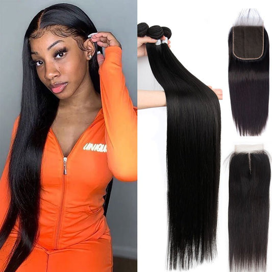 Hair 3 Bundles Straight Hair with 4x4 Lace Closure 65g/Bundle 3 Pcs/Lot Natural Black Color Double Weft Hair 10-30 Inch Hair Extensions