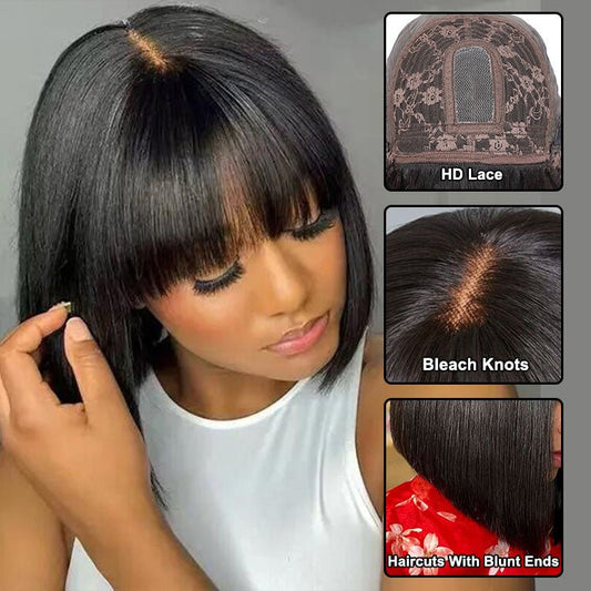 Worth Having- Glueless Mini Hd Lace Breathable Cap Silk Straight Bob Wig Human Hair with Bangs