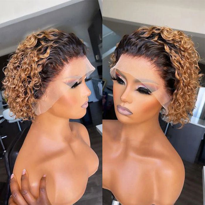 Worth | Pixie Cut Short Curly Wigs 13x1 Lace Front Wig 1B/27# Ombre Human Hair